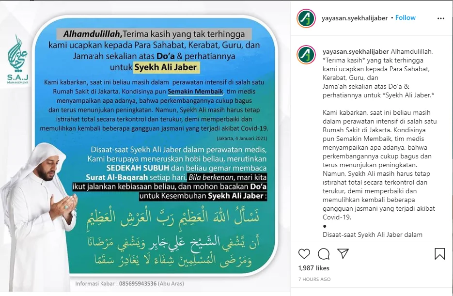 Sempat Dikabarkan Memburuk Karena Covid-19, Syekh Ali Jaber Masih Jalani Perawatan Medis 1 kondisi kesehatan Syech Ali Jaber membaik