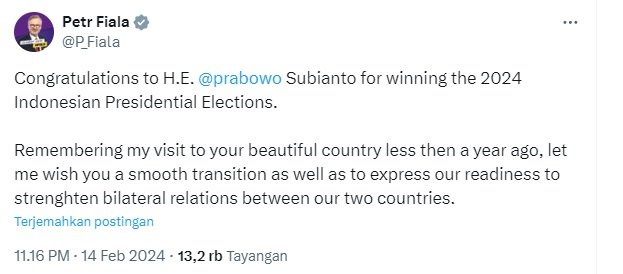 Hasil Quick Count Unggul dari Berbagai Survei, PM Ceko Beri Ucapan Selamat kepada Prabowo-Gibran