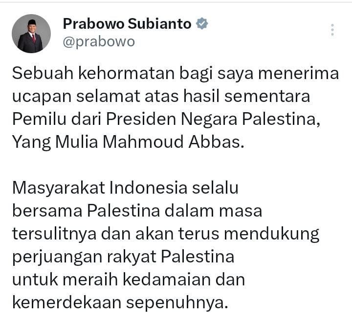 Unggul Telak Perolehan Pilpres, Prabowo Dapat Ucapan Selamat dari Presiden Palestina