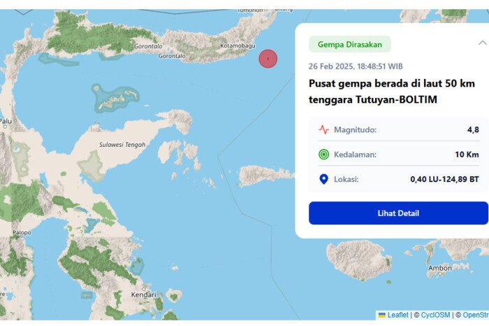 UPDATE Gempa Kembali Melanda Sulawesi Utara Sore Ini, Berkekuatan M4,8 Goncang Tutuyan-Boltim