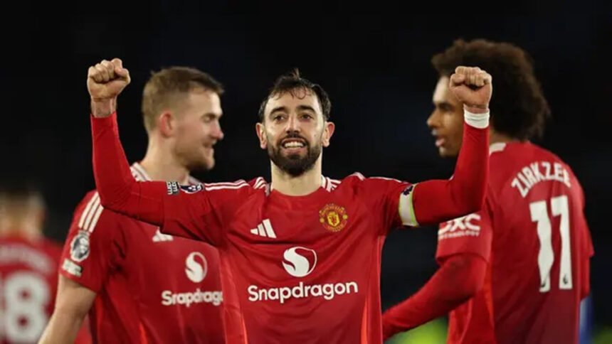 Bruno Fernandes, mencetak dua assist dan satu gol pada laga melawan Leicester City di King Power Stadium (Dok. Istimewa)