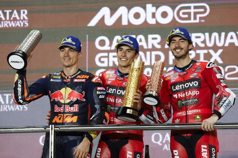 Tiga rider MotoGP Qatar 2025 (Maverick Vinales, Marc Marquez, dan Francesco Bagnaia) (Dok. AFP)