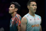 Jonatan Christie dan Chico Wardoyo saat latihan terakhir di Pelatnas PBSI sebelum memilih jalur mandiri berbasis klub.