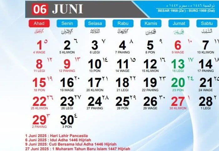 Kalender Juni 2025 menghadirkan dua long weekend: Idul Adha dan Tahun Baru Islam.