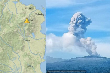 Gunung Dukono kembali erupsi dengan letusan setinggi 800 meter dari puncak pada Senin pagi, 9 Juni 2025, disertai kolom abu ke arah timur.