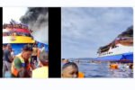 Detik-detik penumpang KM Barcelona melompat ke laut saat kapal terbakar hebat di perairan Talise, Sulawesi Utara.