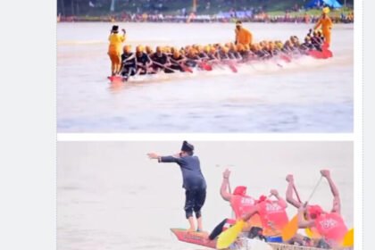 Anak joki menari di ujung perahu Pacu Jalur di Sungai Batang Kuantan, jadi daya tarik utama yang kini viral di TikTok berkat tren Aura Farming.