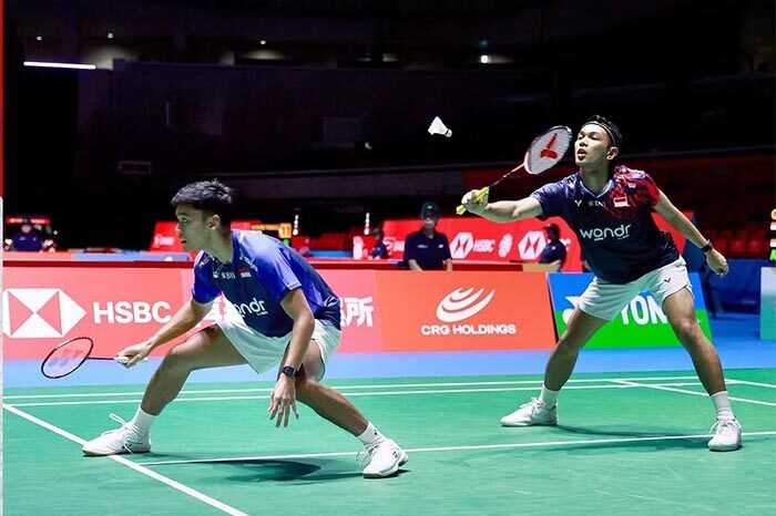 Fajar/Fikri menaklukkan Sabar/Reza dalam laga pembuka Japan Open 2025 di Tokyo Metropolitan Gymnasium, Selasa (15/7/2025). (Foto: PBSI)