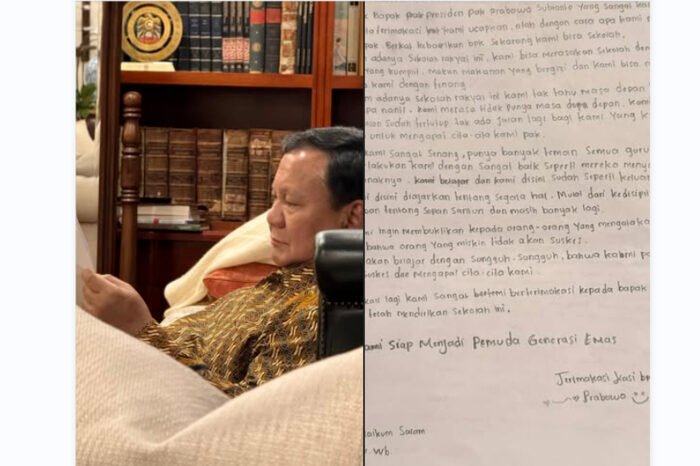 Presiden Prabowo Subianto menerima sejumlah surat dari siswa-siswi Sekolah Rakyat tingkat SMP & SMA di Cibinong, Jawa Barat. Surat-surat itupun Presiden baca secara langsung ketika beristirahat di ruangannya.