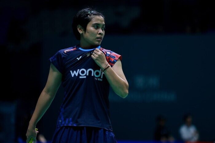Gregoria Mariska Tunjung usai memastikan kemenangan atas Lin Hsiang Ti di babak 16 besar China Open 2025.