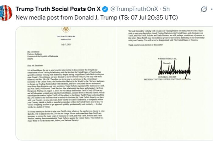 Unggahan Presiden AS Donald Trump di akun X, surat ke sejumlah negara termasuk Indonesia, penetapan tarif resiprokal.