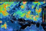 Satelit cuaca Himawari-9 EH menunjukkan suhu puncak awan, Rabu (6/8/2025) hingga pukul 21.40 UTC. Peta prakiraan cuaca nasional dari BMKG yang menunjukkan hujan intensitas ringan hingga sedang di berbagai wilayah Indonesia, termasuk peringatan banjir rob di pesisir. (Foto: BMKG)