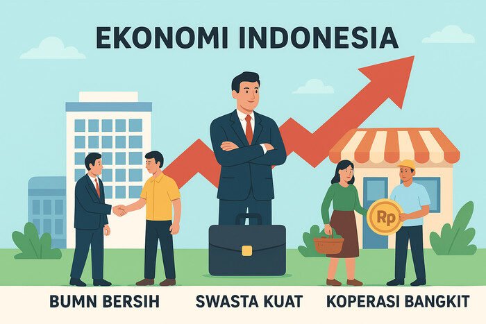 Presiden Prabowo Subianto tegaskan arah ekonomi Indonesia: BUMN bersih, swasta kuat, koperasi bangkit.