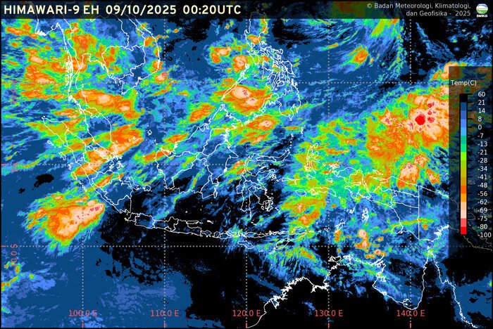 BMKG peringatkan potensi hujan petir dan suhu panas di sejumlah wilayah Indonesia pada 9 Oktober 2025.