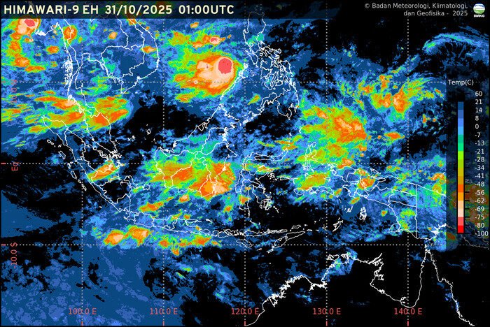 BMKG memprediksi hujan disertai petir di sejumlah wilayah Indonesia, Jumat (31/10/2025).