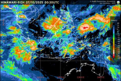 Prakiraan cuaca Indonesia 7 Oktober 2025, sejumlah ibu kota provinsi diguyur hujan ringan hingga petir, dengan peringatan potensi rob di wilayah pesisir.
