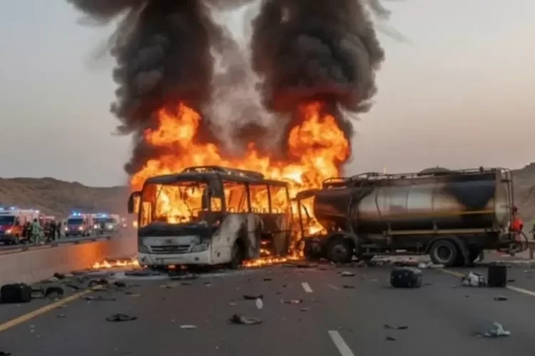 45 Jemaah Umrah Asal India Tewas Terbakar dalam Bus Usai Tabrakan dengan Truk Tangki