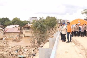 Presiden Prabowo meninjau tumpukan kayu terseret banjir di Aceh Tamiang.