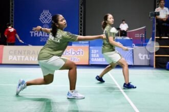 Rachel/Febi merayakan kemenangan setelah menuntaskan laga tiga gim yang krusial di SEA Games 2025.