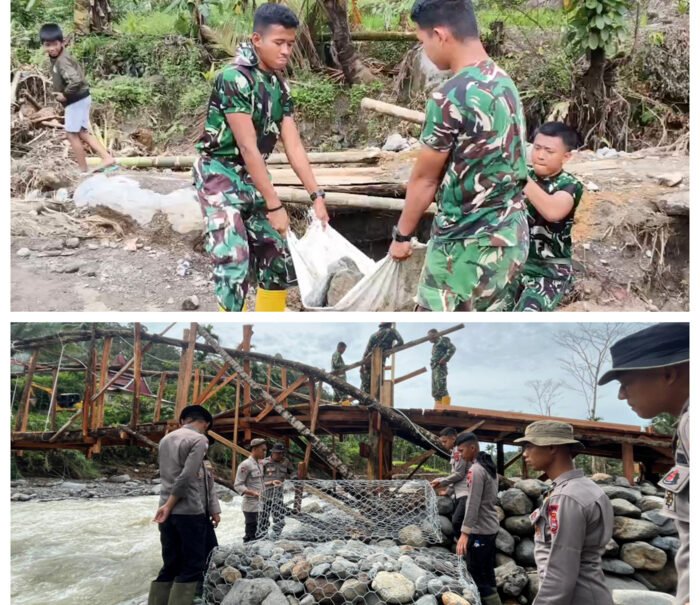TNI dan Polri bergotong royong membangun jembatan darurat di Malalak Selatan demi membuka kembali akses warga pascabanjir bandang.