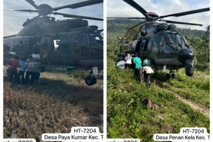 Helikopter Caracal TNI AU mendarat di desa terisolasi Aceh untuk mengantar beras dan logistik pascabencana.