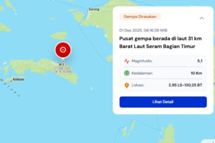BMKG merilis data cepat gempa M 5,1 yang mengguncang wilayah Seram Bagian Timur pada Senin pagi.