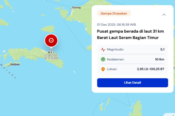 BMKG merilis data cepat gempa M 5,1 yang mengguncang wilayah Seram Bagian Timur pada Senin pagi.