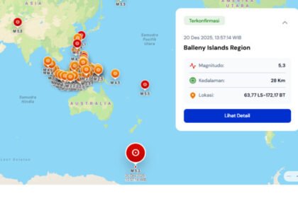 Gempa bumi magnitudo 5,3 mengguncang Balleny Islands Region pada Sabtu siang waktu Indonesia.