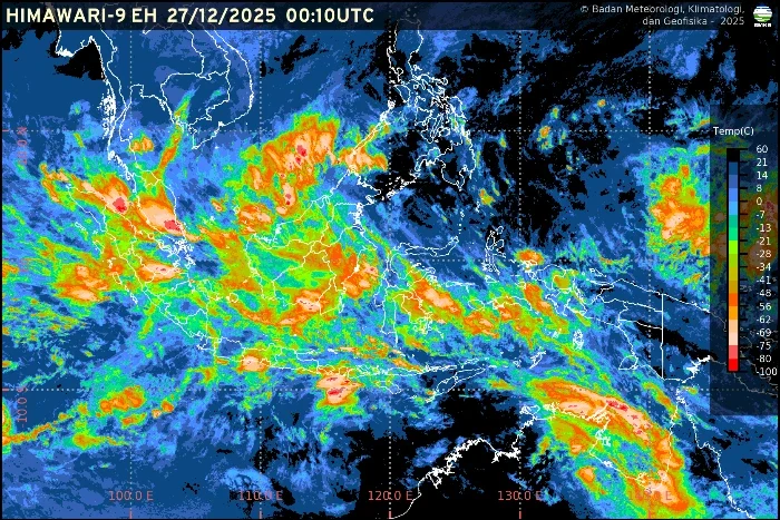 BMKG merilis prakiraan cuaca nasional Sabtu 27 Desember 2025 dengan dominasi hujan ringan dan potensi petir di sejumlah ibu kota provinsi.