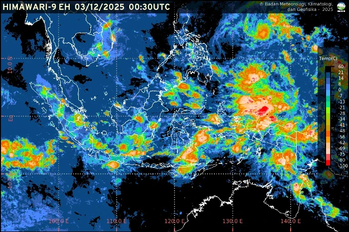 Prakiraan cuaca nasional menunjukkan sebaran hujan merata di berbagai ibu kota provinsi pada 3 Desember 2025.