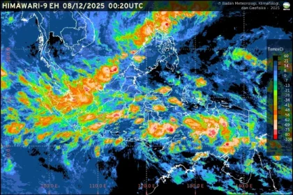 Visualisasi citra satelit menunjukkan pola cuaca yang memengaruhi sejumlah wilayah Indonesia pada 8 Desember 2025.