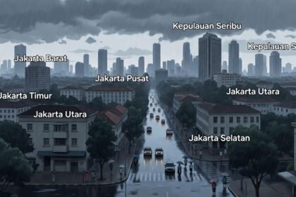 Buat ilustari gambar dalam bentuk landscape berdasarkan judul ii : Cuaca Sabtu 3 Januari, Ibu Kota Didominasi Hujan Ringan