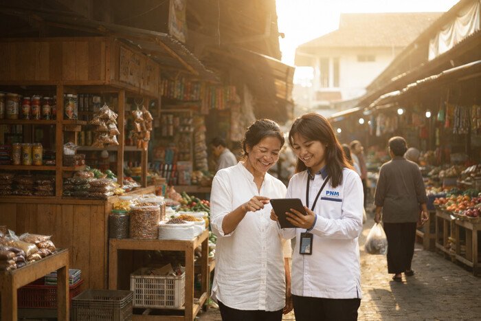 Account Officer PNM tengah berdiskusi dengan ibu prasejahtera, menghadirkan layanan keuangan yang dekat dan penuh perhatian.
