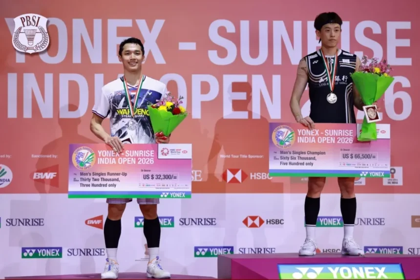 Jonatan Christie gagal meraih gelar juara India Open 2026 setelah kalah di partai final tunggal putra.