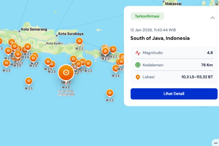 BMKG mencatat gempa bermagnitudo 4,8 mengguncang perairan selatan Pulau Jawa, Senin (12/1/2026).