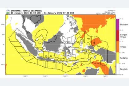 BMKG merilis peringatan dini gelombang tinggi di sejumlah perairan Indonesia yang berpotensi mengganggu pelayaran hingga pertengahan Januari 2026.