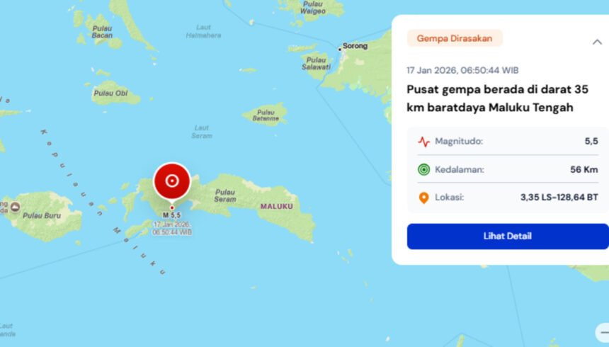 BMKG mencatat gempa magnitudo 5,5 mengguncang daratan Maluku Tengah dan terasa hingga Ambon serta Sorong.