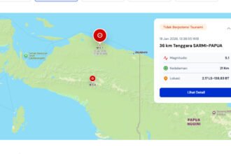 BMKG merilis peta guncangan gempa M 5,1 yang terjadi di tenggara Sarmi, Papua, Sabtu siang.