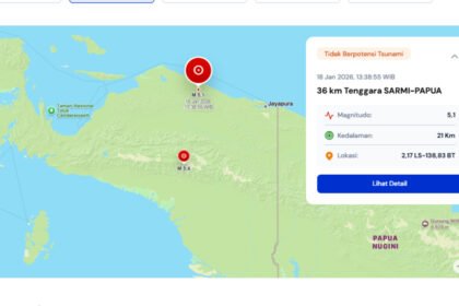 BMKG merilis peta guncangan gempa M 5,1 yang terjadi di tenggara Sarmi, Papua, Sabtu siang.
