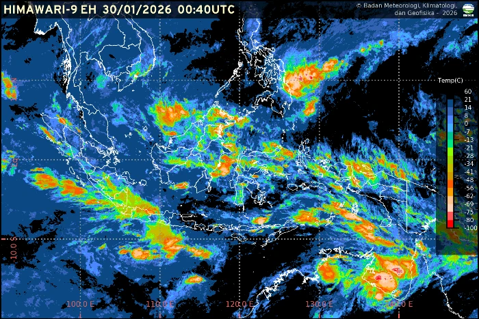 Prakiraan cuaca BMKG menunjukkan hujan ringan hingga potensi petir di sejumlah ibu kota provinsi Indonesia, Jumat (30/1/2026).