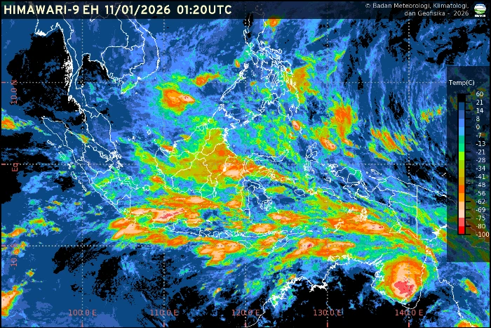 BMKG merilis rincian prakiraan cuaca per wilayah di Indonesia pada 11 Januari 2026 dengan potensi hujan ringan hingga sedang serta hujan disertai petir di sejumlah daerah.