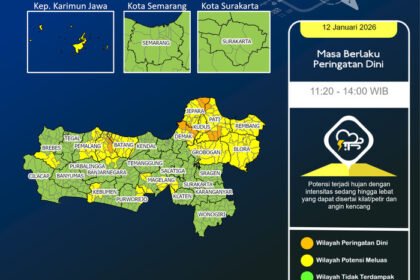 BMKG memetakan wilayah Jawa Tengah yang berpotensi terdampak banjir dan longsor akibat curah hujan tinggi hingga Februari 2026.