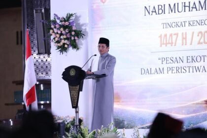 Menag Nasaruddin Umar menyerukan pertobatan ekologis pada Peringatan Isra Mikraj 1447 H Tingkat Kenegaraan di Masjid Istiqlal, Jakarta.