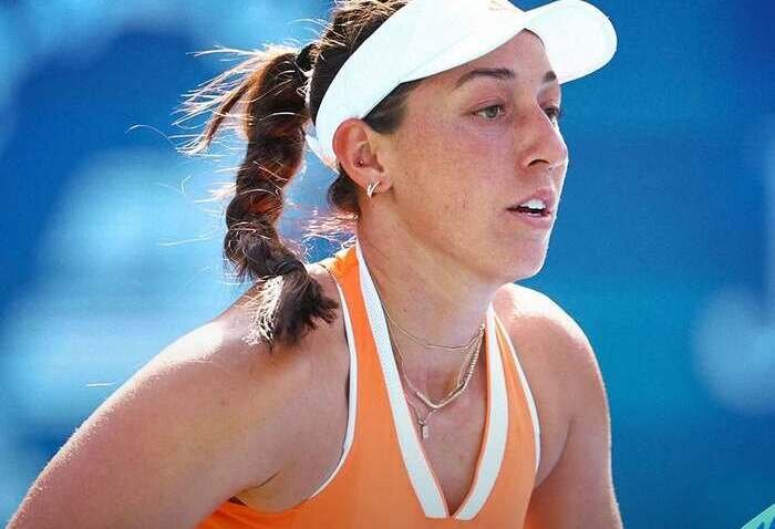 Aksi Jessica Pegula di lapangan utama Aviation Club Tennis Centre ketika melangkah ke semifinal WTA 1000 Dubai, Kamis (19/2).