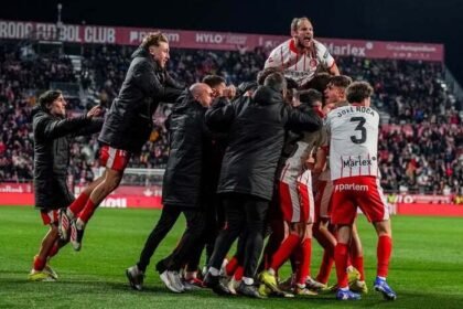 Fran Beltran rayakan gol penentu kemenangan Girona atas Barcelona di Montilivi, Selasa (17/2/2026) WIB.