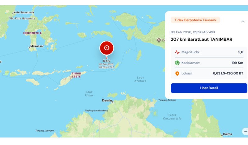 Gempa bumi berkekuatan M5,6 mengguncang laut 207 kilometer barat laut Kepulauan Tanimbar pada Selasa pagi tanpa memicu tsunami, BMKG mengimbau warga tetap tenang namun waspada terhadap kemungkinan gempa susulan.