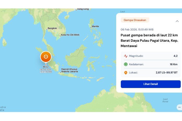 ScreenshGempa berkekuatan magnitudo 4,2 mengguncang perairan barat daya Pulau Pagai Utara, Kepulauan Mentawai, Jumat sore.