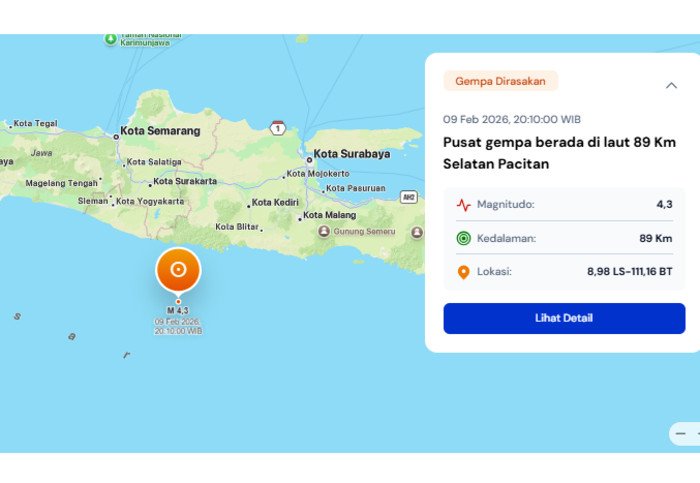 Gempa bumi bermagnitudo 4,3 mengguncang wilayah selatan Pacitan, Jawa Timur, pada Senin malam (9/2/2026), dengan pusat gempa di laut pada kedalaman 89 km.