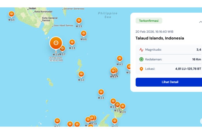 Getaran ringan terasa di Kepulauan Talaud usai gempa magnitudo 3,4, Jumat sore (20/2/2026).