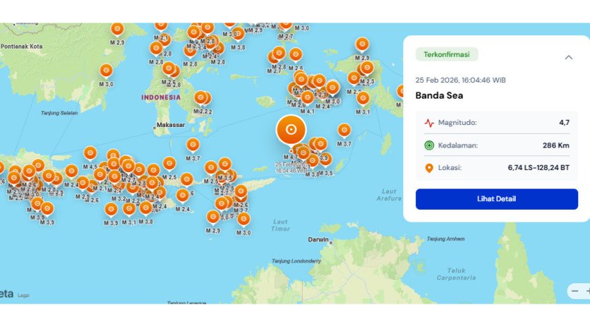 Gempa magnitudo 4,7 mengguncang Laut Banda pada 25 Februari 2026 dengan kedalaman 286 kilometer.